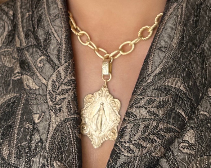 Featured listing image: Large Victorian Miraculous Mary | Statement Necklace | Bronze Clay | Matte Gold | Antique Replica | Catholic Medal