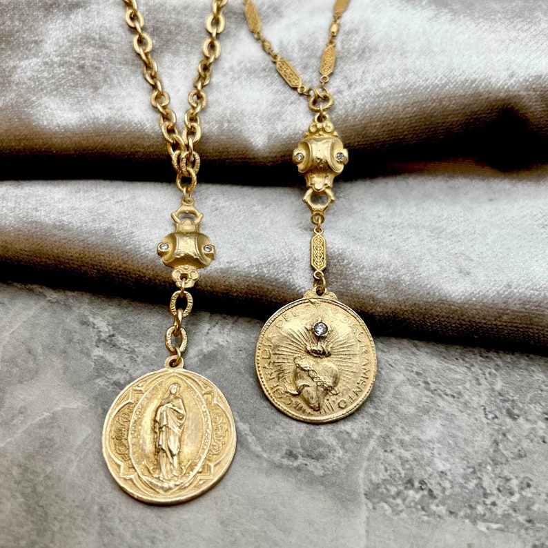 Sacred Heart of Jesus Y Drop Necklace Filigree Chain Bronze Clay Matte Gold Antique Spanish Replica Victorian Connector image 4