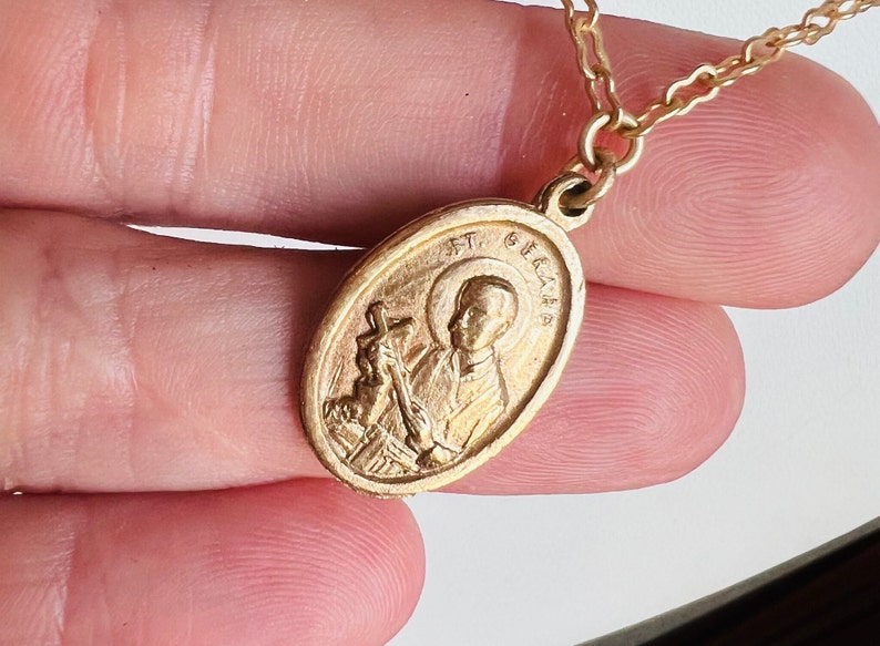 Saint Gerard Necklace Patron St of Expectant Mothers Matte Gold Finish Non Tarnish Kiln Fired Crown of Grace Childbirth Saint image 3