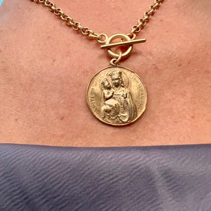 Saint Anne and Mary Necklace Etched Rolo Matte Gold Chain Bronze Clay High Relief Antique Replica image 8