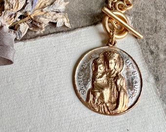 Saint Anne and Mary | Etched Rolo Necklace | Matte Gold Chain | Bronze Clay | Two Toned | Antique Replica |