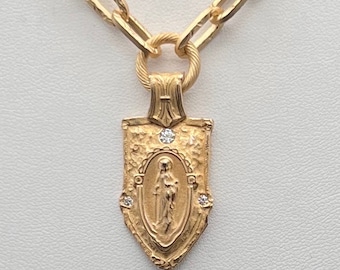 Saint Dymphna Necklace | Bronze Clay | Patron Saint of Mental Illness | Matte Gold Finish | Arrowhead Shape