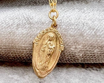 St Dymphna | Delicate Necklace | Matte Gold Chain | Bronze Clay | Antique Replica | Patron Saint Mental Illness