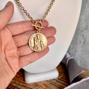 Saint Anne and Mary Necklace Etched Rolo Matte Gold Chain Bronze Clay High Relief Antique Replica image 3