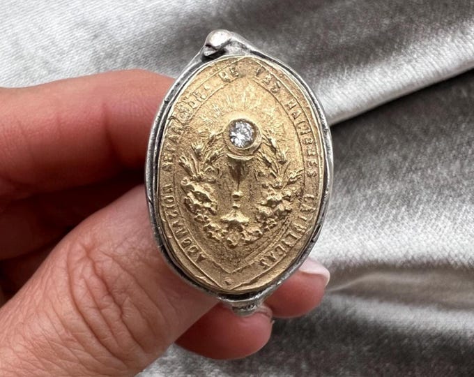 Featured listing image: Eucharistic Statement Ring | Chalice & Communion | Bronze Clay with Handset CZ | Two Toned | Adjustable Size | Bold | Crown of Grace Designs