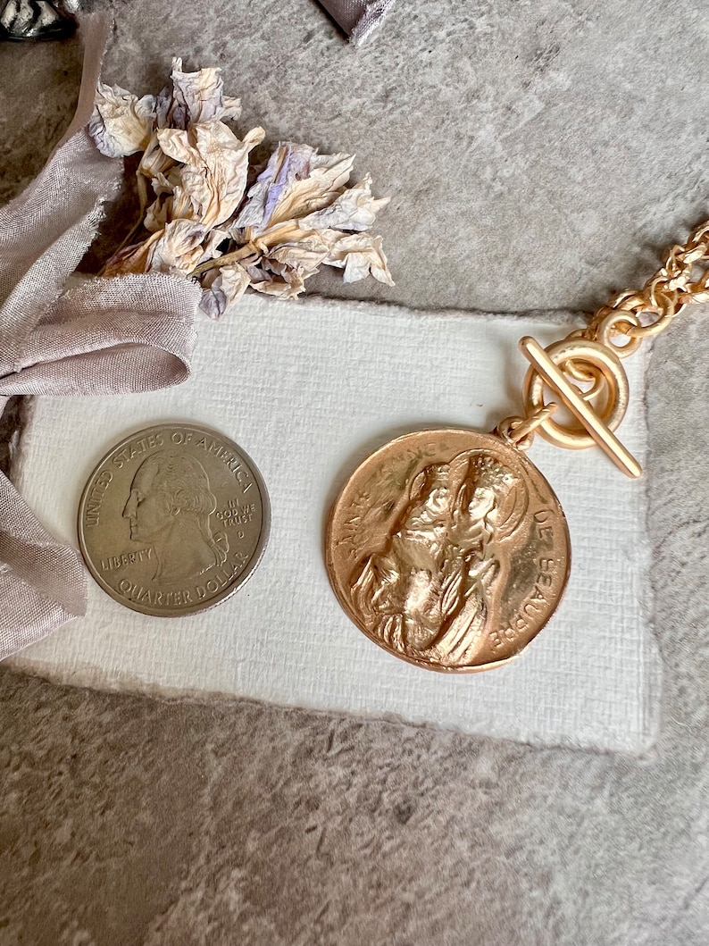Saint Anne and Mary Necklace Etched Rolo Matte Gold Chain Bronze Clay High Relief Antique Replica image 10