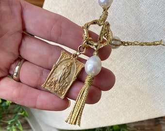 Gold Linen Crocheted Pearl Necklace with Immaculate Conception Bronze Medal and Tassel | Crown of Grace Designs