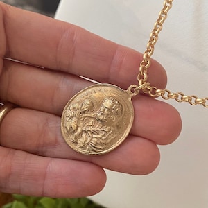 St Joseph and Baby Jesus Rolo Necklace| Saint Joseph | Matte Gold Bronze | Antique Religious Medal Replica | Bronze Clay Handmade