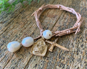 Crown of Grace Bracelet | Leather and Pearls | Rose Gold Metallic | Christian Gift | Jesus Jewelry | Holy Spirit | Crown of Thorns