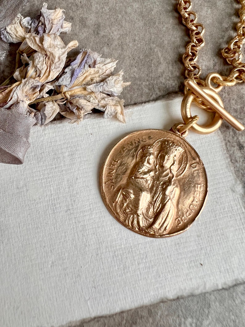 Saint Anne and Mary Necklace Etched Rolo Matte Gold Chain Bronze Clay High Relief Antique Replica image 1