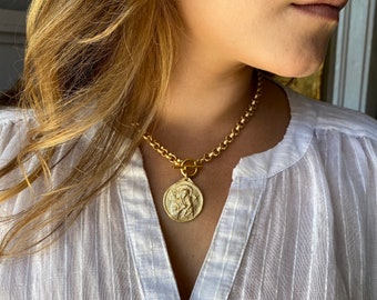 Our Lady of Perpetual Help Rolo Necklace | Front Toggle | Etched Links | Matte Gold | Mary and Jesus | Crown of Grace | Byzantine