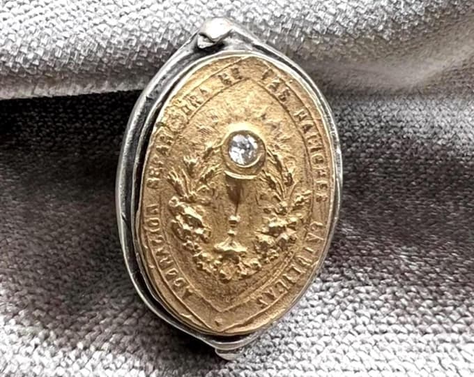 Featured listing image: Eucharistic Statement Ring | Chalice & Communion | Bronze Clay with Handset CZ | Two Toned | Adjustable Size | Bold | Crown of Grace Designs