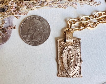 Saint Dymphna Necklace | Bronze Clay | Patron Saint of Mental Illness | Matte Gold Finish | Rectangular Shape