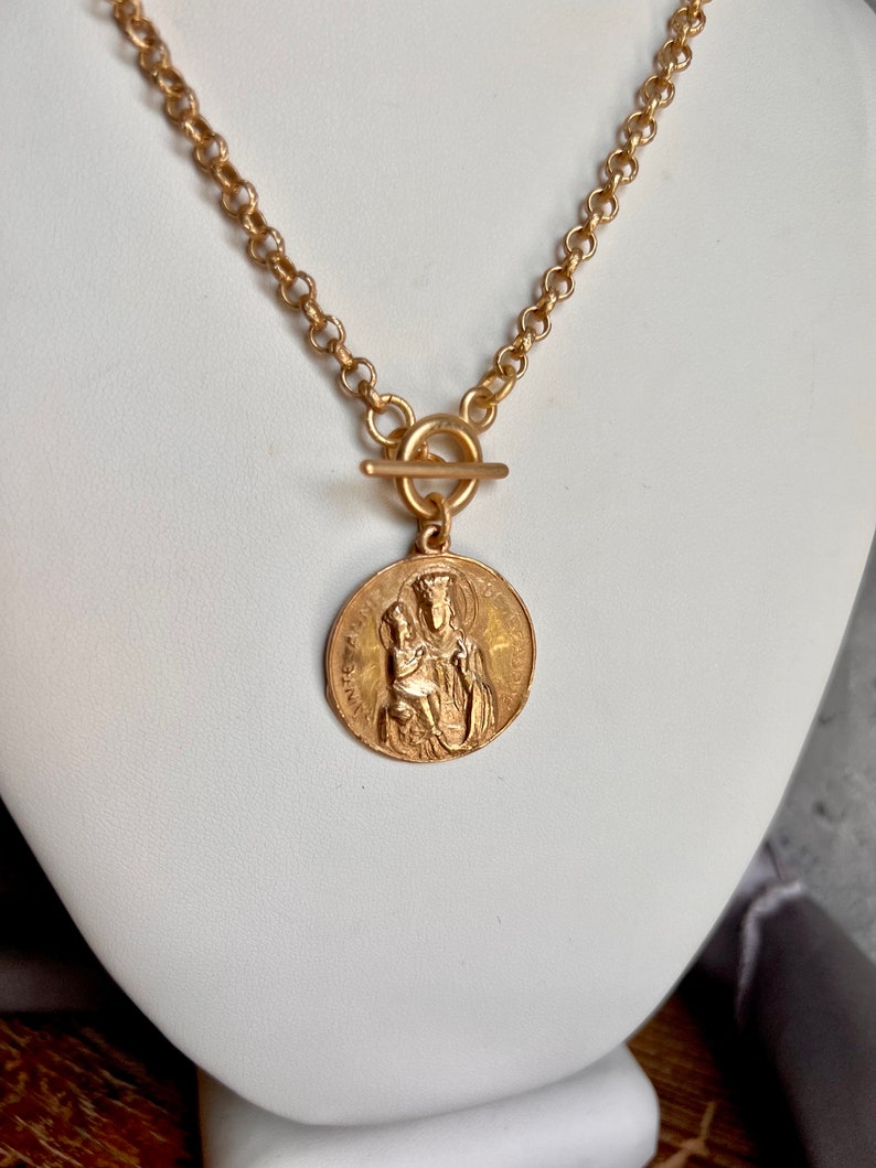 Saint Anne and Mary Necklace Etched Rolo Matte Gold Chain Bronze Clay High Relief Antique Replica image 5