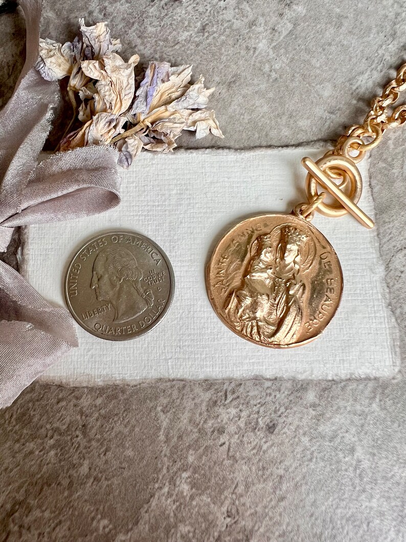 Saint Anne and Mary Necklace Etched Rolo Matte Gold Chain Bronze Clay High Relief Antique Replica image 7
