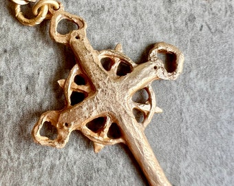 Deportation Cross Necklace |  Acadians | Novia Scotia | Bronze Clay | Matte Gold Color | Crown of Grace | Beveled Rolo