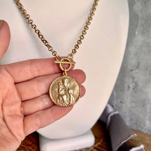 Saint Anne and Mary Necklace Etched Rolo Matte Gold Chain Bronze Clay High Relief Antique Replica image 9