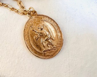 Guardian Angel Necklace | French Religious Medal | Bronze Clay | Matte Gold Finish | Antique Replica |