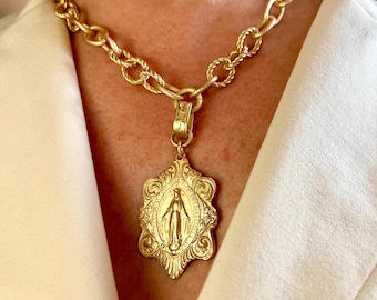 2Large Victorian Miraculous Mary | Statement Necklace | Bronze Clay | Matte Gold | Antique Replica | Catholic Medal