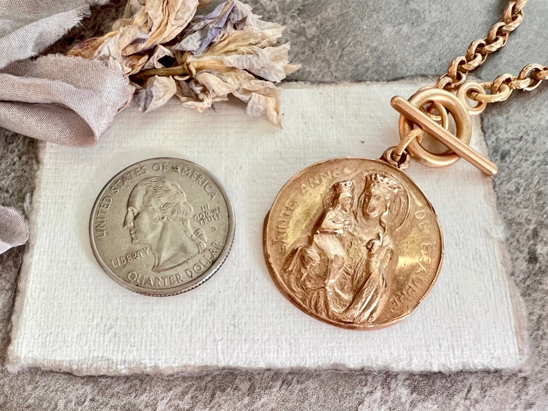 Saint Anne and Mary Necklace Etched Rolo Matte Gold Chain Bronze Clay High Relief Antique Replica image 2