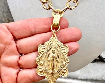 Victorian Miraculous Mary Statement Necklace | Handcrafted Bronze Replica of 1896 Antique French Medal | Artisan Catholic Jewelry