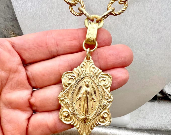 Featured listing image: Victorian Miraculous Mary Statement Necklace | Handcrafted Bronze Replica of 1896 Antique French Medal | Artisan Catholic Jewelry