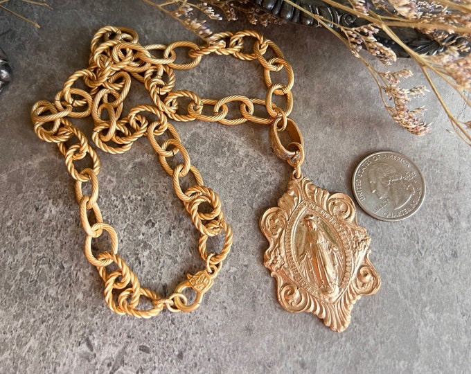 Featured listing image: Large Victorian Miraculous Mary | Statement Necklace | Bronze Clay | Matte Gold | Antique Replica | Catholic Medal