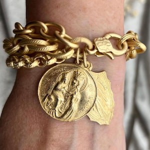 Chunky Religious Charm Bracelet with bronze clay antique replica medals featuring St Anne and Mary