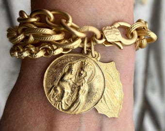 2Chunky Religious Charm Bracelet | St Anne with Mary |  Miraculous Mary | Antique Replica | Bronze Clay | Catholic Medals | Crown of Grace