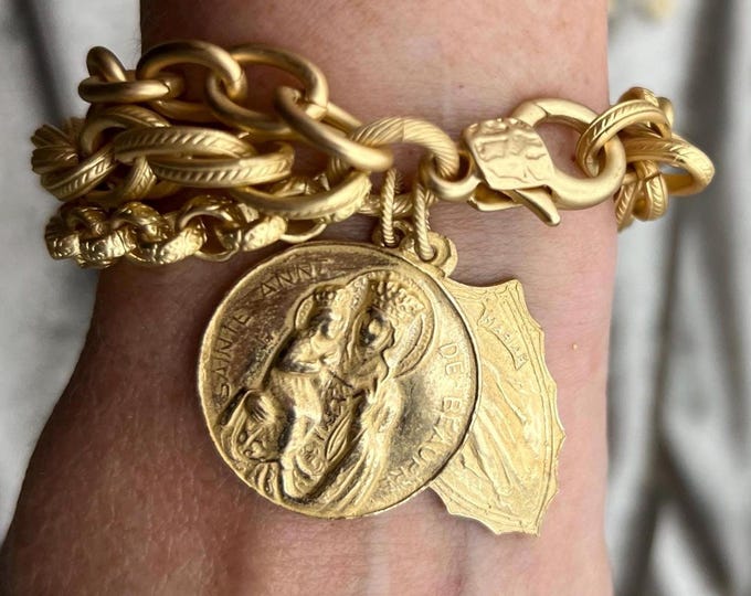 Featured listing image: Chunky Religious Charm Bracelet with bronze clay antique replica medals featuring St Anne and Mary