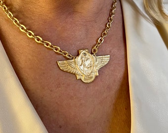 Saint Christopher Winged Necklace | Harley Davidson Style | Bronze Clay | Matte Gold | Hand Set CZ | Crown of Grace Designs