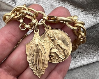 Chunky Religious Charm Bracelet | St Anne with Mary |  Miraculous Mary | Antique Replica | Bronze Clay | Catholic Medals | Crown of Grace