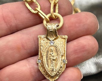 Saint Dymphna Necklace | Bronze Clay | Patron Saint of Mental Illness | Matte Gold Finish | Arrowhead Shape