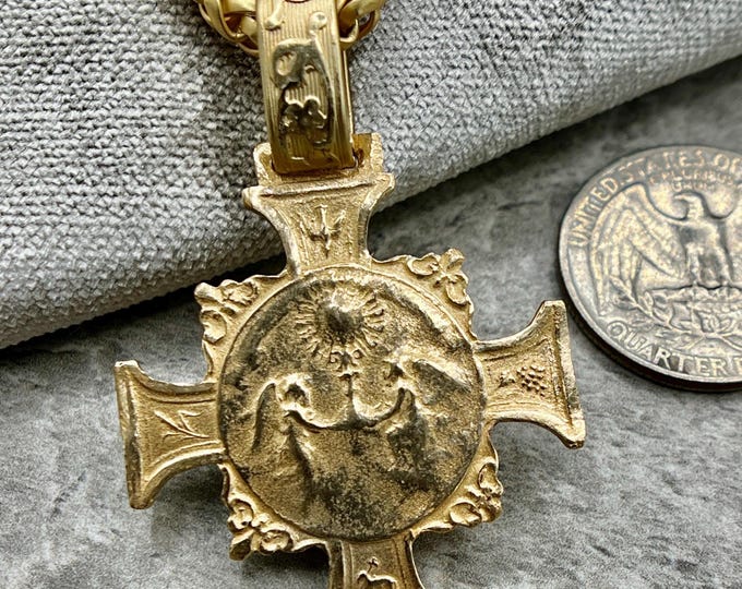 Featured listing image: French Eucharistic Crusade Cross Statement Necklace | Antique French Catholic Medal Replica | Bronze Clay | Handmade by Crown of Grace