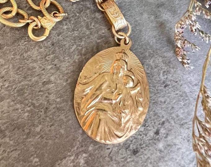 Featured listing image: Our Lady of Mount Carmel | Statement Necklace | Bronze Clay | Matte Gold | Antique Replica | Catholic Medal