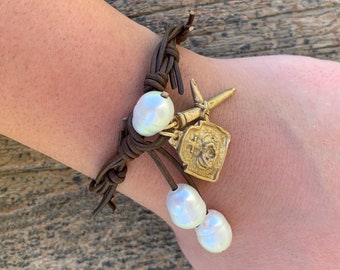 The Crown of Grace Bracelet | Leather and Pearls | Wood Brown | Christian Gift | Jesus Jewelry | Holy Spirit Inspired | Crown of Thorns