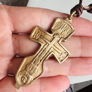 Men&#39;s Byzantine Cross Necklace with Skull & Arrows | Bronze Clay | Leather Cord | Masculine | Large | Antique Replica