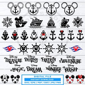 May include: A digital file featuring nautical-themed designs. Includes Mickey Mouse head anchors, ship wheels, cruise ships, and text such as "Treasure", "Destiny", and "Fantasy". The file is available in SVG, EPS, PDF, DXF, JPG, and PNG formats.
