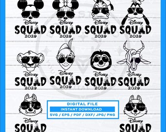 May include: A collection of ten black graphic illustrations featuring various cartoon character heads wearing sunglasses, each paired with the text Disney SQUAD 2026. A central blue rectangular box contains the text DIGITAL FILE INSTANT DOWNLOAD.