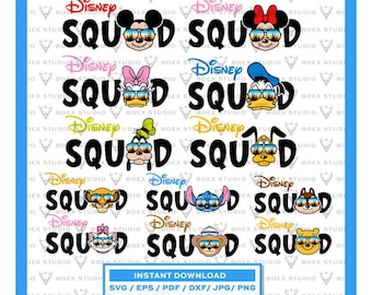 May include: Digital download featuring Disney characters with sunglasses, each paired with the word "SQUAD." Includes Mickey Mouse, Minnie Mouse, Donald Duck, Daisy Duck, Goofy, Pluto, Simba, Stitch, Chip, Dale, Marie, and Winnie the Pooh. Text: "INSTANT DOWNLOAD."