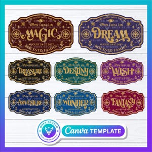 Könnte beinhalten: Eine Sammlung von acht rechteckigen Etiketten im Disney Cruise Line-Design mit Wörtern wie "Magic" und "Dream". Jedes Etikett hat ein Kompass-Design und den Text "August 24-27, 2027". Das Canva Template-Logo ist ebenfalls sichtbar.
