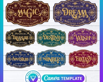 May include: A collection of eight rectangular Disney Cruise Line themed labels with various words like "Magic", "Dream", and "Adventure". Each label has a compass design and the text "August 24-27, 2027". The Canva Template logo is also visible.