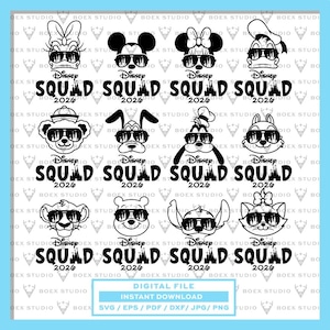 May include: A digital graphic file featuring twelve black and white character icons wearing sunglasses with castle reflections. Each icon is paired with the text Disney SQUAD 2026. The bottom includes a box labelled DIGITAL FILE INSTANT DOWNLOAD.