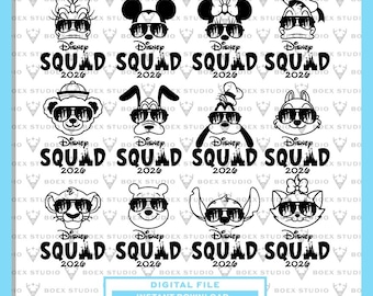 May include: A digital graphic file featuring twelve black and white character icons wearing sunglasses with castle reflections. Each icon is paired with the text Disney SQUAD 2026. The bottom includes a box labeled DIGITAL FILE INSTANT DOWNLOAD.