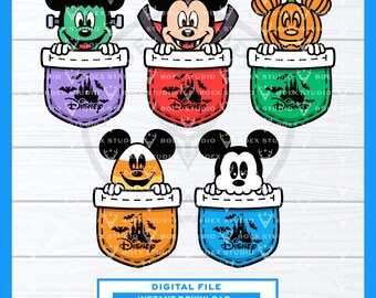 May include: A digital file featuring five Halloween-themed Mickey Mouse designs. Each design shows a Mickey Mouse character in a pocket, dressed as Frankenstein, a vampire, a pumpkin, candy corn, and Mickey Mouse. The pockets are various colors with a castle and Disney logo.