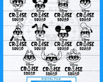 May include: Black and white digital file featuring Disney characters wearing sunglasses. The text "Disney Cruise Squad" is below each character. Includes file formats: SVG, EPS, PDF, DXF, JPG, and PNG.