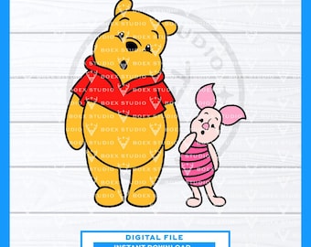 May include: A digital file featuring illustrations of Winnie the Pooh and Piglet. Winnie the Pooh is yellow and wearing a red shirt. Piglet is pink and wearing a striped pink shirt. The image includes the text "DIGITAL FILE INSTANT DOWNLOAD SVG / EPS / PDF / DXF / JPG / PNG".