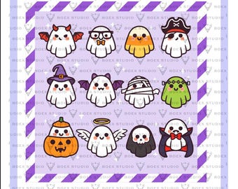 May include: A collection of cartoon ghost characters in various Halloween costumes, including a devil, pirate, and mummy. The image has a purple and white border with the text "BOEX STUDIO".