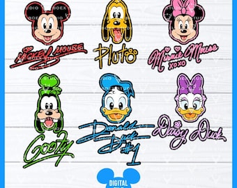 May include: A collection of cartoon character designs, including Mickey Mouse, Pluto, Minnie Mouse, Goofy, Donald Duck, and Daisy Duck. Each character is depicted with their name in a stylized font. The image also includes the text "DIGITAL FILE" and file type icons.