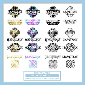 May include: A collection of digital file designs featuring the word "HUNTRX" in various styles and colors. The designs include geometric shapes and the text "KPOP ERA" and "BOEX STO". The image also includes the text "DIGITAL FILE INSTANT DOWNLOAD" and file type options.